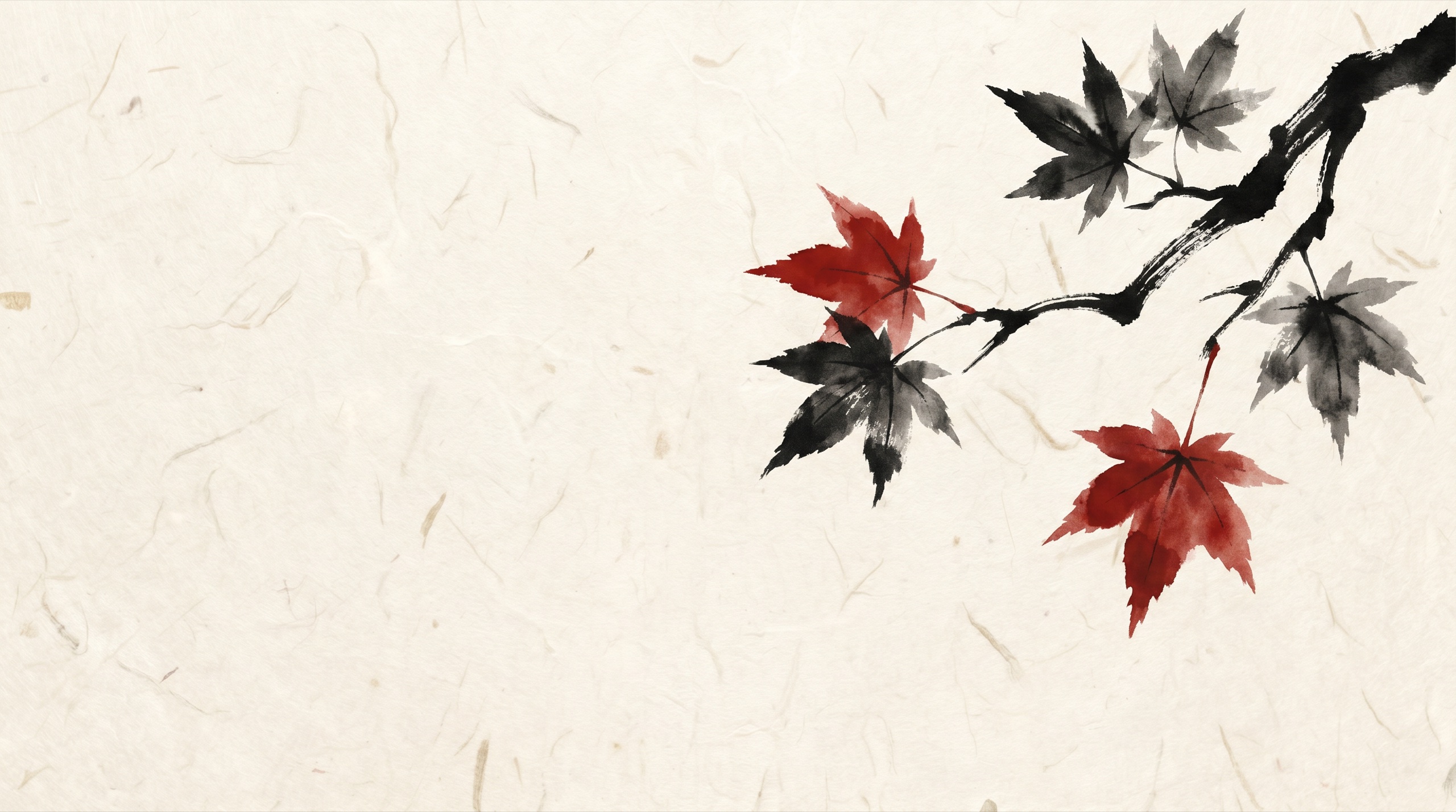 A maple branch with red and sumi-ink leaves painted on washi paper.