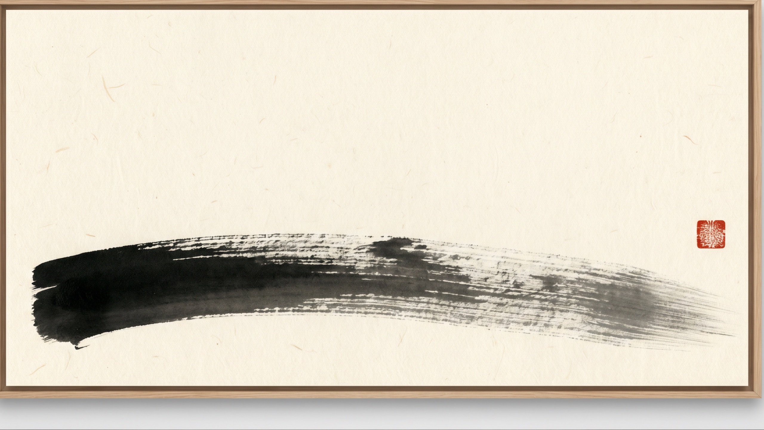 A single brush stroke in sumi ink on washi paper, sealed with a vermillion hanko.