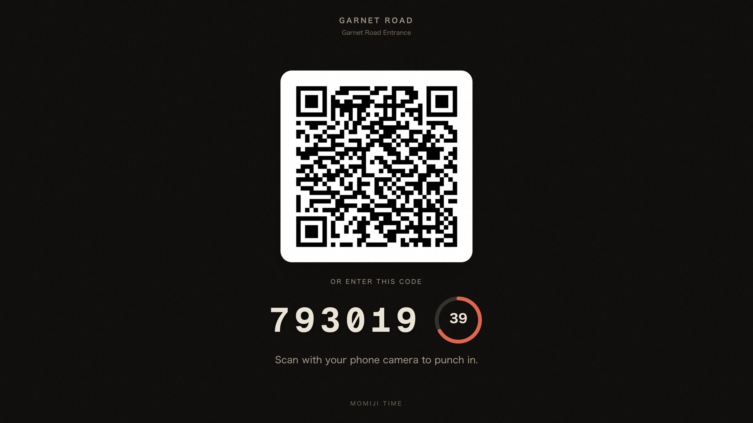 The kiosk screen at a site entrance: a QR code to scan, a six-digit door code, and the countdown to its next rotation.