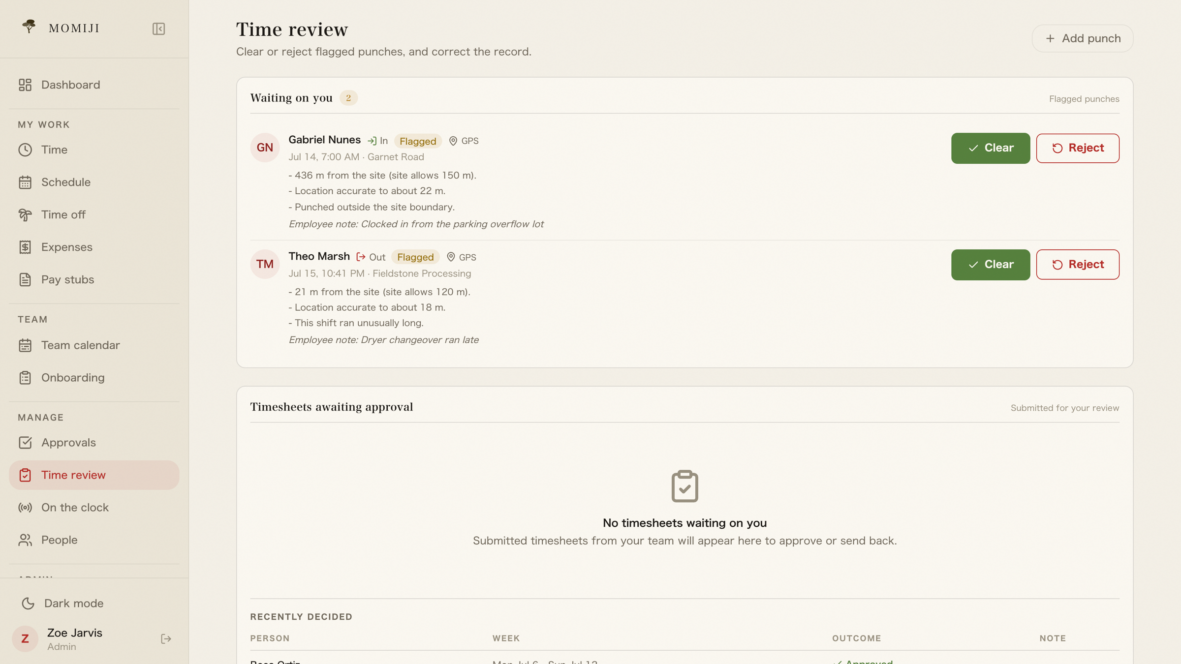 The time review queue: two flagged punches with distance, accuracy, and the employee's note, each waiting on a clear or reject.