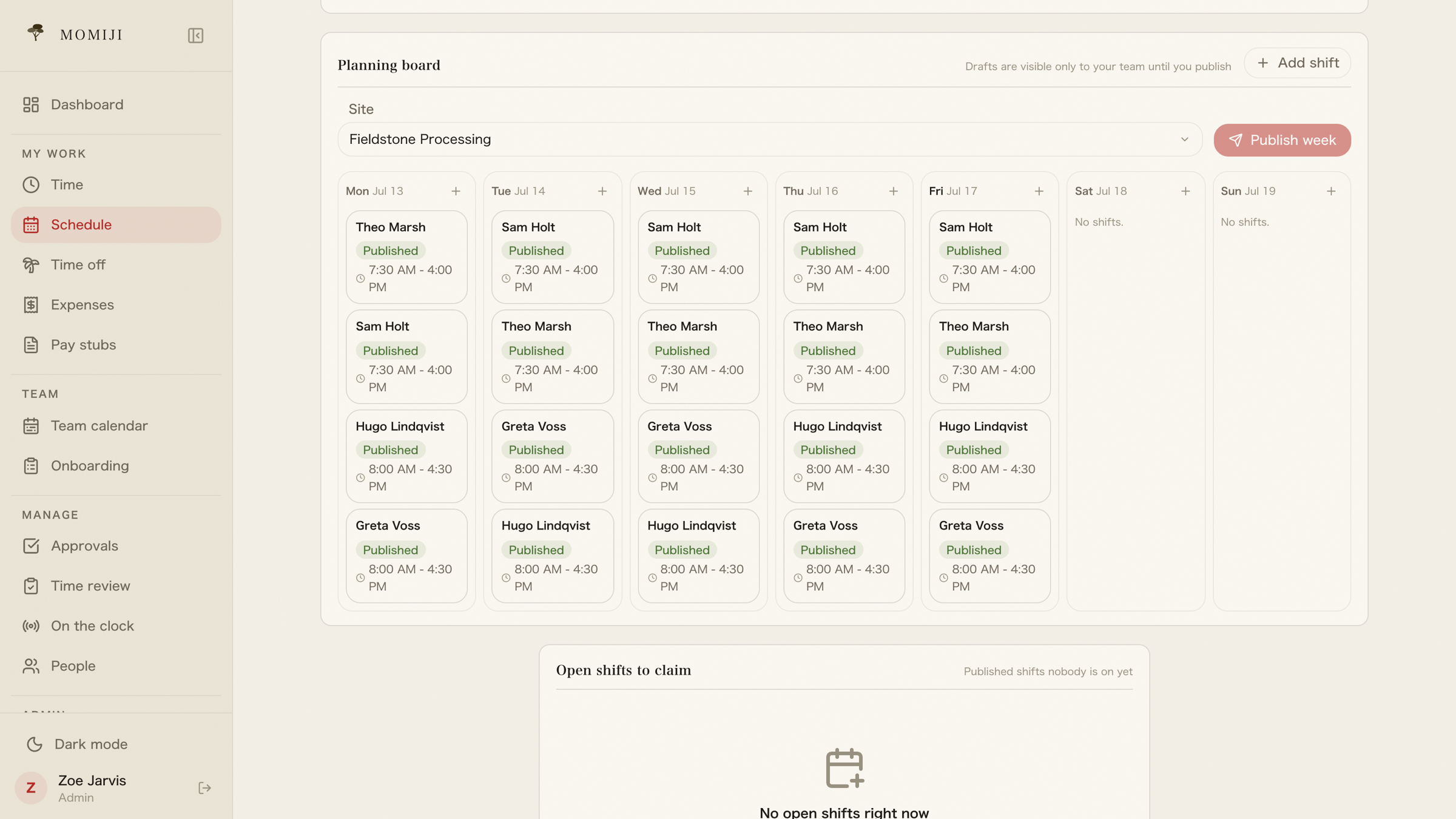 The planning board: a full week of published shifts for one site, with a publish control that releases drafts to the team.